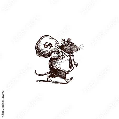 fat rat wearing a suit and necktie. The rat is shown in a hurry, carrying two bags filled with money marked with a dollar sign