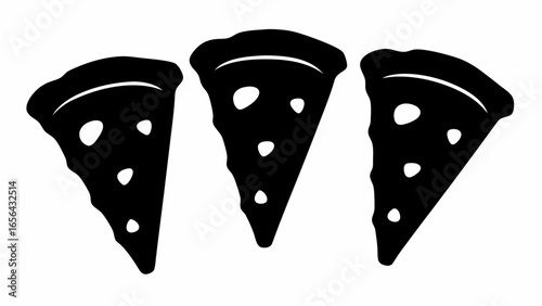 Three stylized black pizza slices with white cheese holes arranged in a row on white background