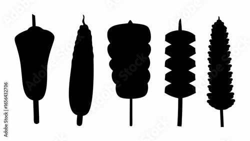 Silhouette depiction of five different types of food skewers on a white background art piece