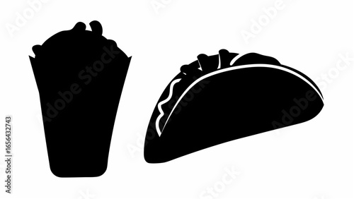 Silhouette illustration of a drink in a tall cup and a taco with visible fillings on a white backdrop
