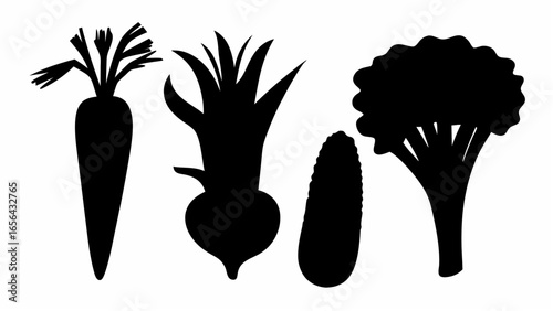 Silhouette depiction of carrot, beet, corn, and broccoli vegetables arranged side by side on white background