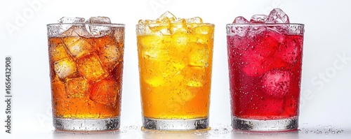 Three glasses with colorful iced drinks showcasing summer refreshment