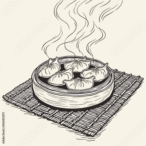 Steamed dumplings in bamboo steamer on woven mat with steam  