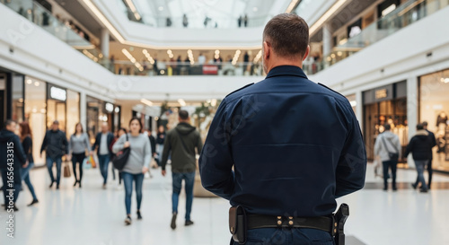 Armed Middle Aged Male Patrol Officer Security Guard Monitoring Busy Shopping Mall. International Security Officers Day, Black Friday