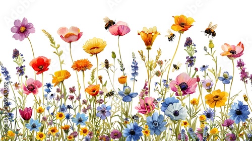 Colorful meadow flowers and bees on white background