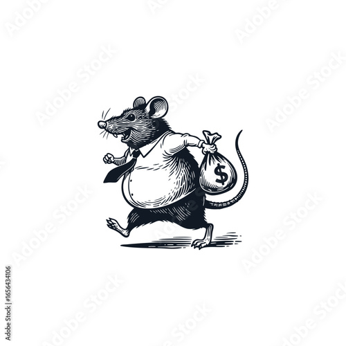 fat rat wearing a suit and necktie. The rat is shown in a hurry, carrying two bags filled with money marked with a dollar sign