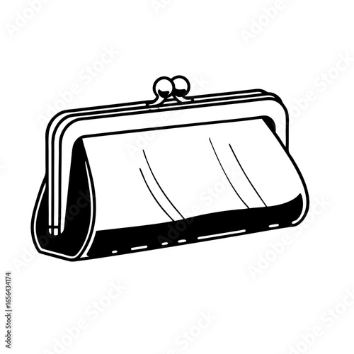 Black and white graphic illustration of a classic kiss lock coin purse
