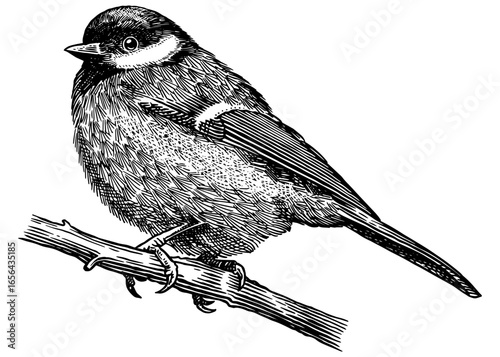 Great Tit on a branch. Hand drawn illustration. Isolated bird species in detailed engraving style, hatching and line art. Decorative for animal, zoo and web. 