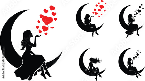 Elegant silhouetted women on crescent moons blowing red hearts, romantic fantasy scene, love and beauty concept in minimalist vector art