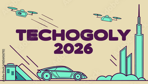 Futuristic cityscape with drones and autonomous car in 2026