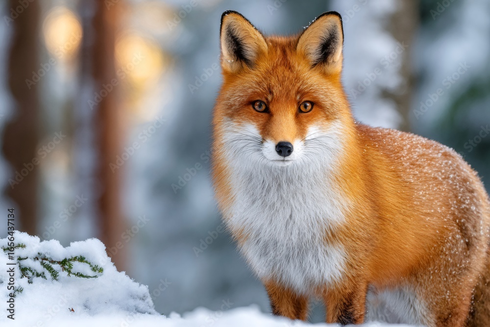 Fototapeta premium Red fox standing in snowy forest during winter day