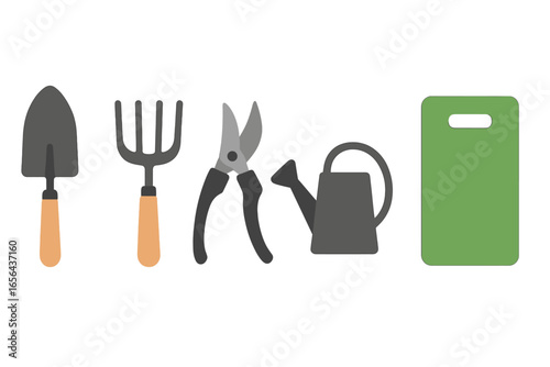 Gardening Tools and Watering Can on Green Board