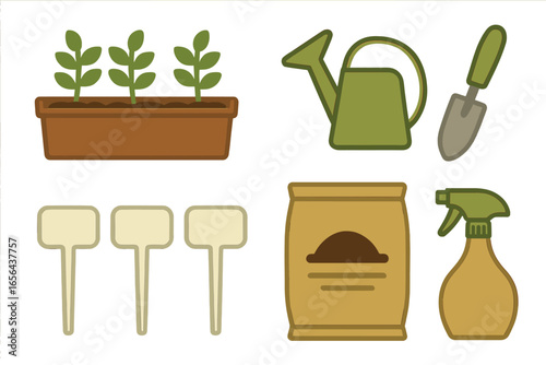 Gardening tools and plants in a planter