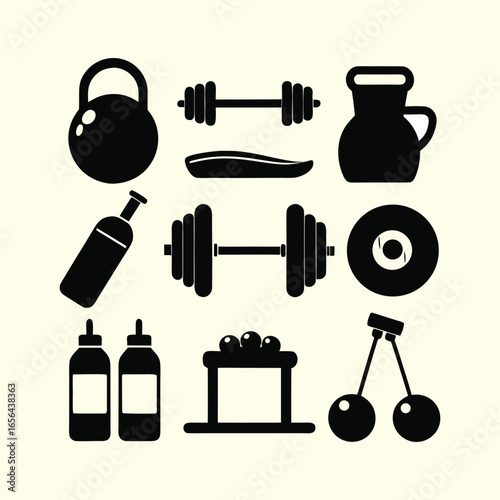 Creative set of gym equipment silhouette Fitness Accessories silhouette best vector design 