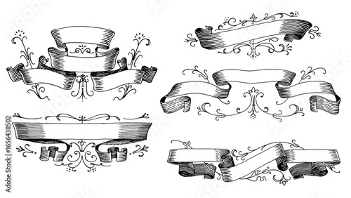 Set of scroll ribbon banners in Barocco style. Hand drawn engraving for your text in vintage traditional technique. For wedding, events, birthday and greetings.