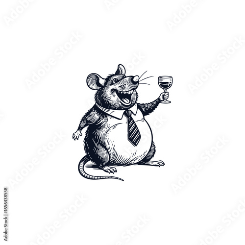 fat rat in a suit and tie, laughing joyfully while raising a glass of wine engraving illustration