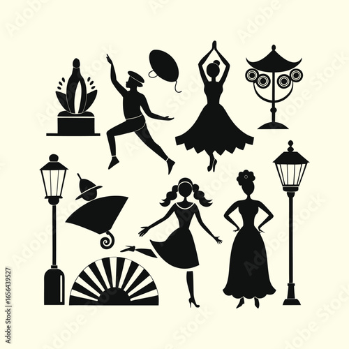 Dancing people Collection of vintage dancing figures and street lamps silhouette isolated on white background 