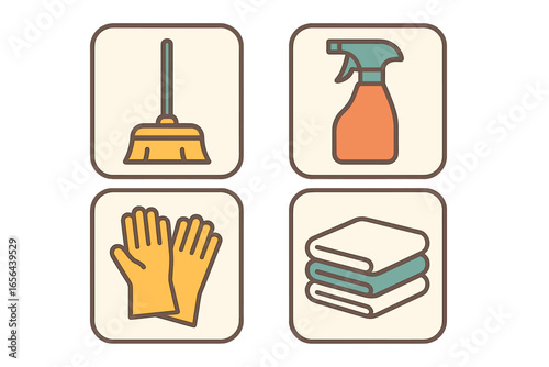 Cleaning supplies icons: broom, spray bottle, gloves, and towels