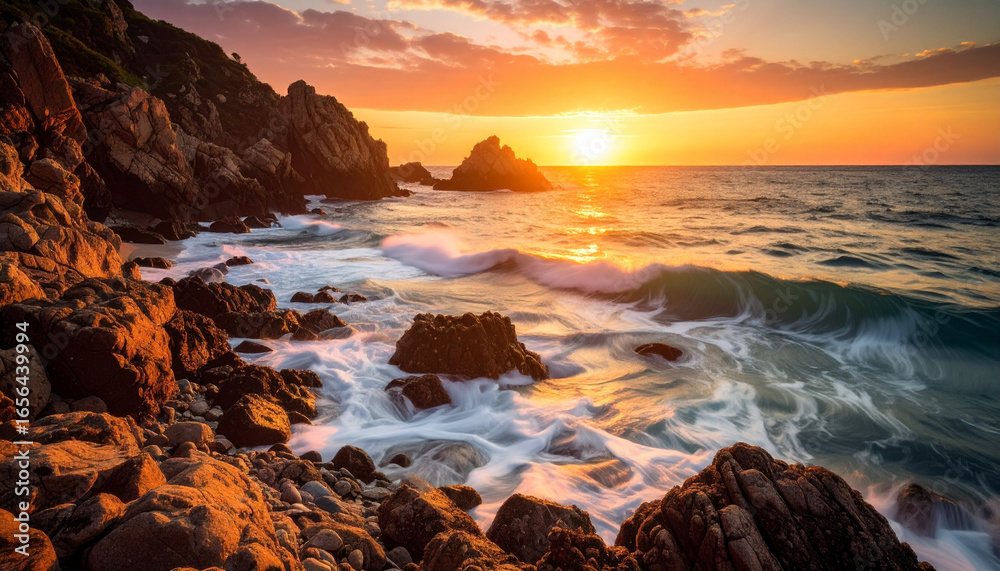 Obraz premium The soft, dreamy colors of a serene ocean sunset, banner with copy space, tranquil seascape, vibrant sky, peaceful coastal landscape