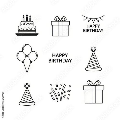 Festive birthday icons including cake, gifts, balloons, and party hats