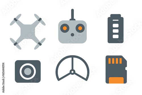 Drone accessories and components flat design icons