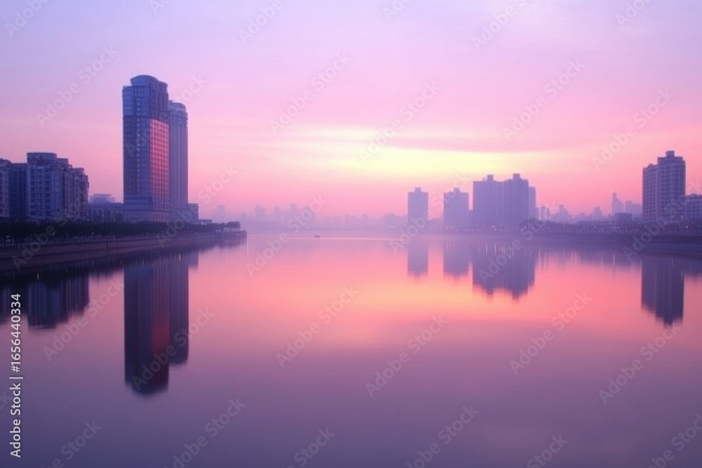 Fototapeta premium Cityscape's Tranquil Dawn: A serene cityscape mirrors in calm water as the dawn paints the sky with hues of pink and purple, the architectural silhouettes standing tall. 