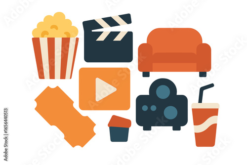 Movie night icons with popcorn, sofa, and tickets
