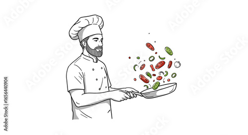 Chef cooking vegetables in pan professional kitchen culinary art food preparation gastronomy delicious meal recipe -