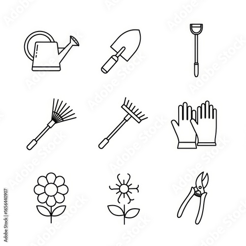 Collection of simple line art icons representing gardening tools and plants.