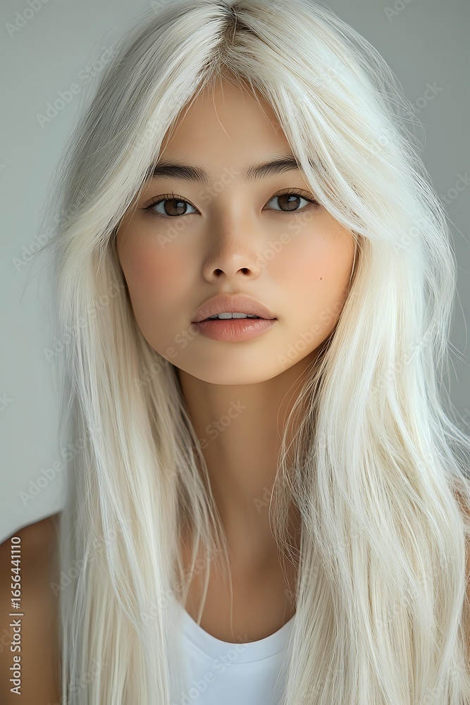 Fototapeta premium Young Asian woman with platinum blonde hair and natural makeup wearing white tank top against light background, soft studio lighting creates gentle shadows.