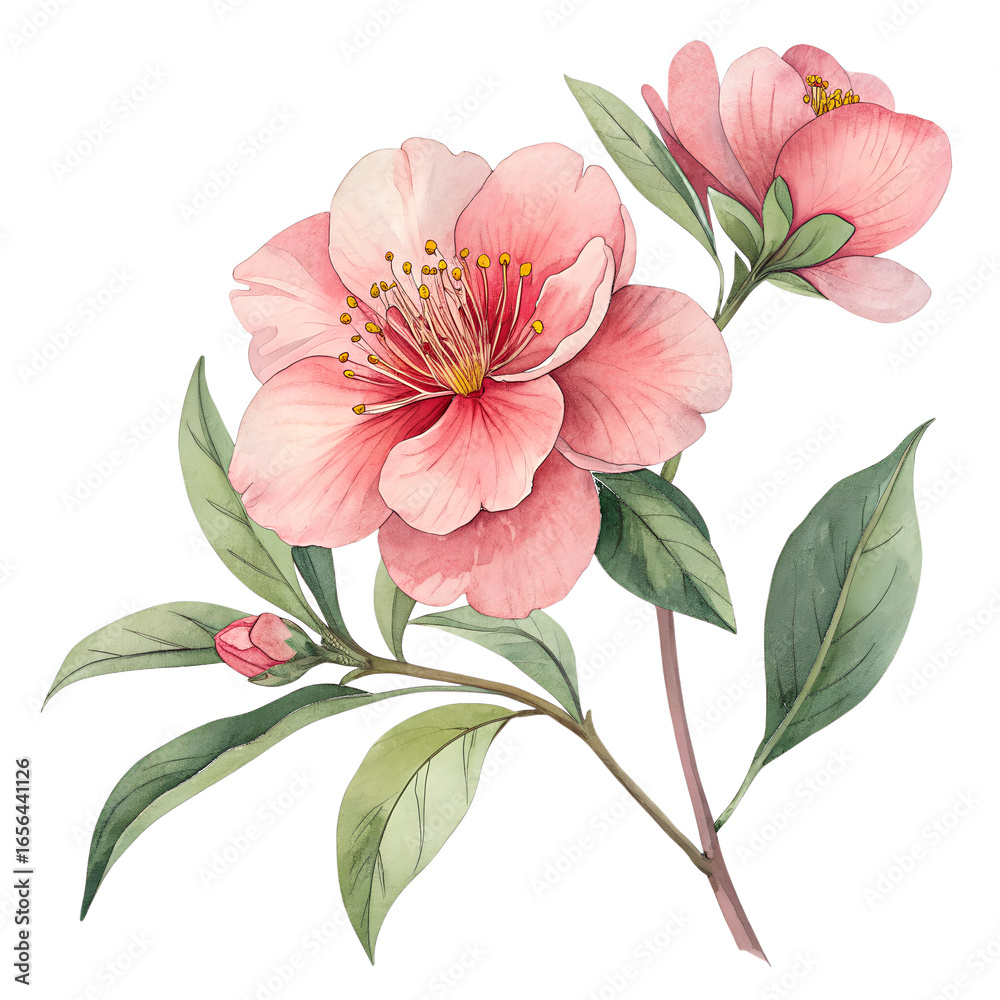 Obraz premium Pink camellia flowers with green leaves isolated on a transparent background botanical
