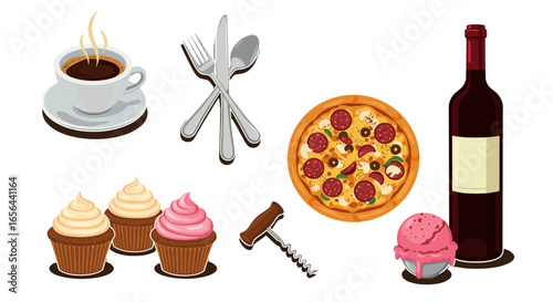 Food and drink illustration featuring pizza cupcakes wine coffee and silverware for restaurant menu design -