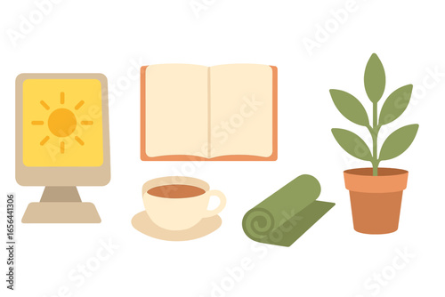 Daily routine icons: sun, book, coffee, yoga mat, plant