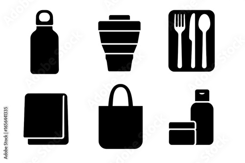 Everyday objects and personal care items silhouette icons