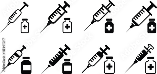 Medical syringe and vial icons, vaccination equipment set, healthcare injection symbols, black and white medicine graphics, immunization tools illustration