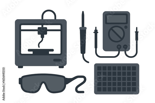 3D Printer, Soldering Iron, Multimeter, and Safety Glasses