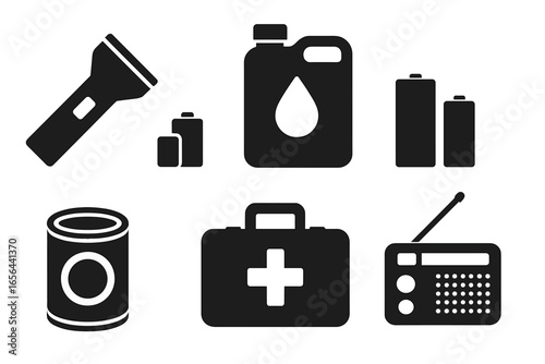 Emergency preparedness kit items silhouette collection