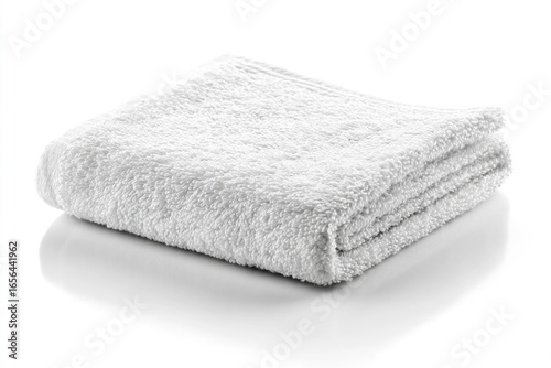 Folded white spa towel ready for relaxation and personal care on a clean, reflective surface