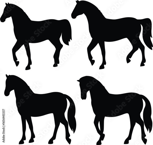 Set of four black horse silhouettes in standing and walking poses