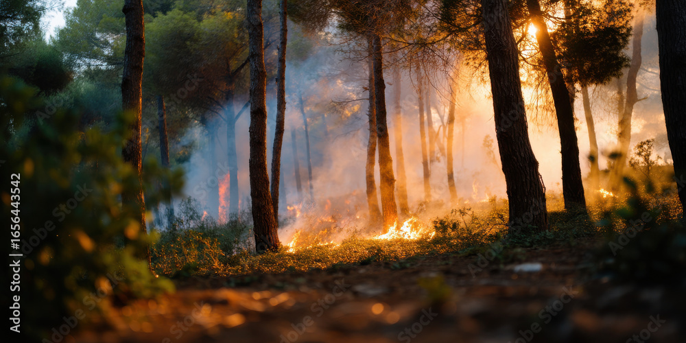 Fototapeta premium Forest fire burning dry grass and trees with smoke and sunlight shining through smoky woodland creating dramatic atmosphere