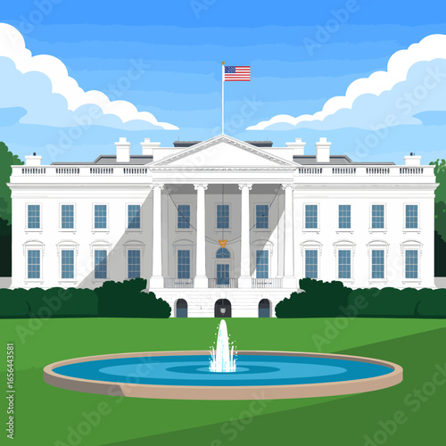 Digital illustration of the white house and surrounding landscape