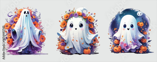Art of cute ghosts with pumpkins and flowers
