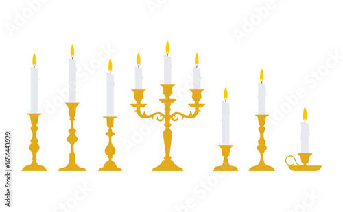 Burning candles, set of different holders, candlesticks, candelabra. Vintage and retro-style objects. Simplicity vector illustration, isolated.