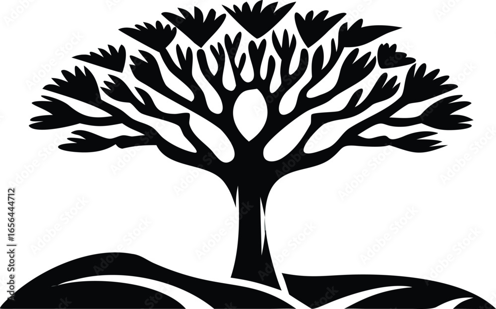 Obraz premium Stylized Black and White Silhouette of a Tree with Broad Canopy and Rolling Ground