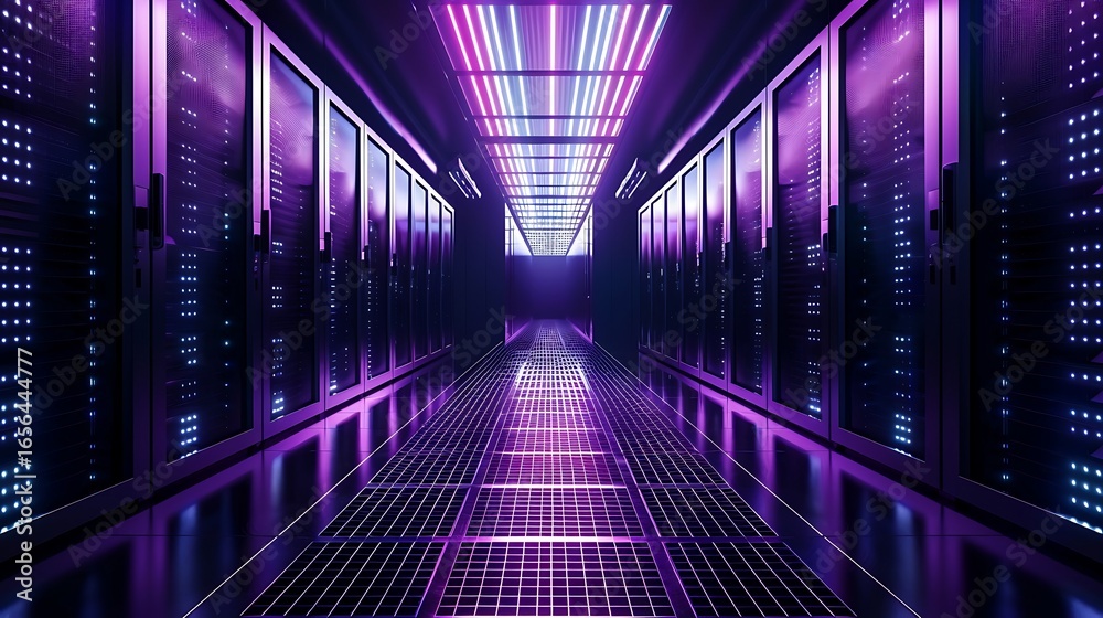 Fototapeta premium Semi-subterranean cyberpunk data bank with internal glow from layered fiber optics, sleek black walls, reflective grid floor, ambient purple-blue lights.