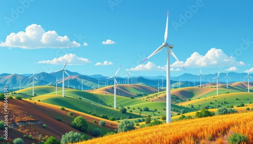 illustration of wind turbines spinning on hills under clear skies showing wind energy as a clean renewable source generating electricity safely without emissions or environmental risks