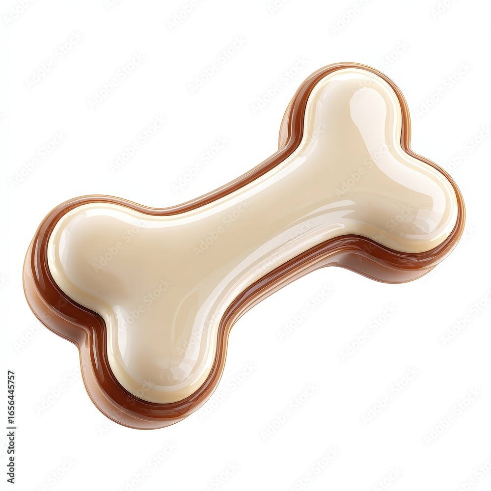 Fototapeta premium A glossy dog bone-shaped treat lays against a bright background, showcasing its smooth texture, Ideal for pet product marketing, blogs, or any content related to dog treats and their benefits,