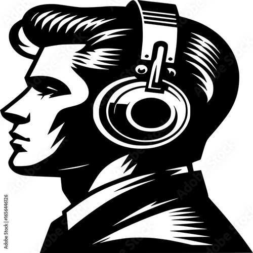 Melody in the Mind: A captivating monochrome illustration captures a figure immersed in the world of sound, with a classic, elegant headset enveloping his head.