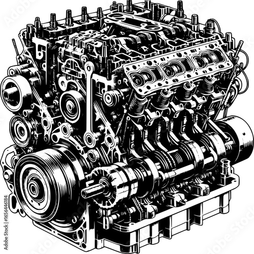 Engineering Marvel: A detailed illustration of a powerful engine, showcasing its intricate internal components in a monochrome composition
