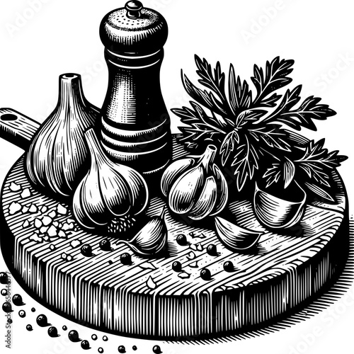 Culinary Essence: A monochromatic illustration of garlic bulbs, pepper grinder, and parsley, artfully arranged on a wooden cutting board, perfect for culinary projects.